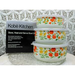 NOS 1980s Vtg Kobe Kitchen Enamel Nesting Bowl Set Marigold Poppy Daisy Taiwan